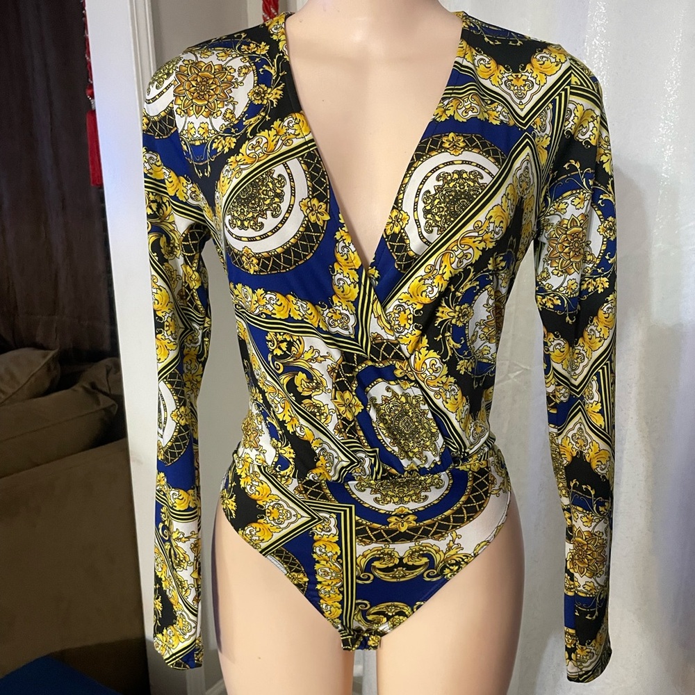 LaQueen Stylish royal Blue Gold Long Sleeve Bodysuit stretchy form fitting med
